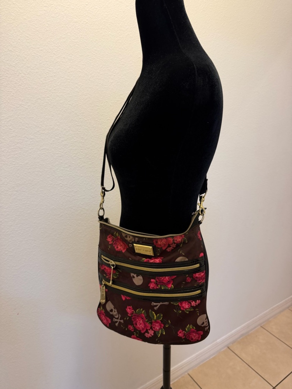 Betsey Johnson Brown Floral Skull Crossbody Bag